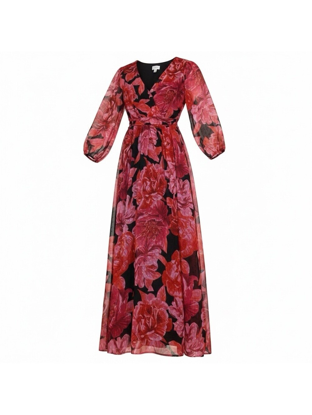 Premier Amour 12 Long Sleeve Black Floral Chiffon Dress Maxi Peasant Boho Cottag